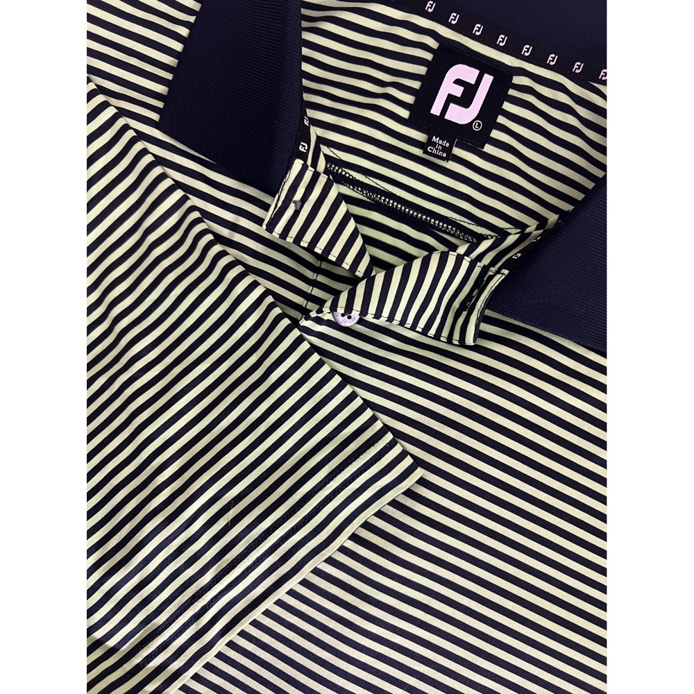 FootJoy Mens Striped Golf Polo Shirt Lime Green Navy Blue Large Short Sleeve FJ